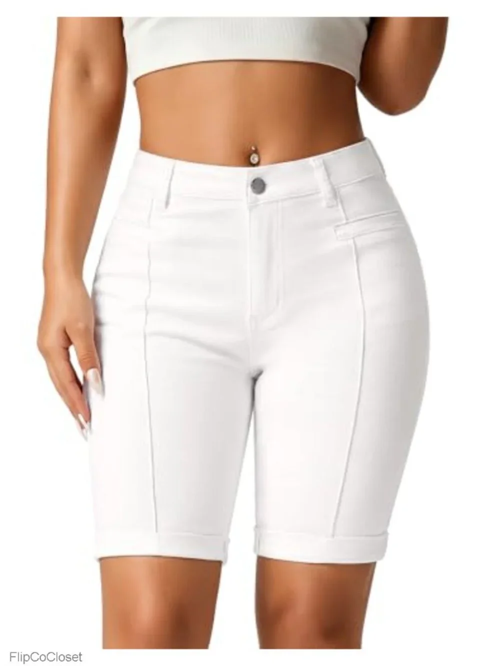 Stretchy Skinny Bermuda Shorts with Front Seam